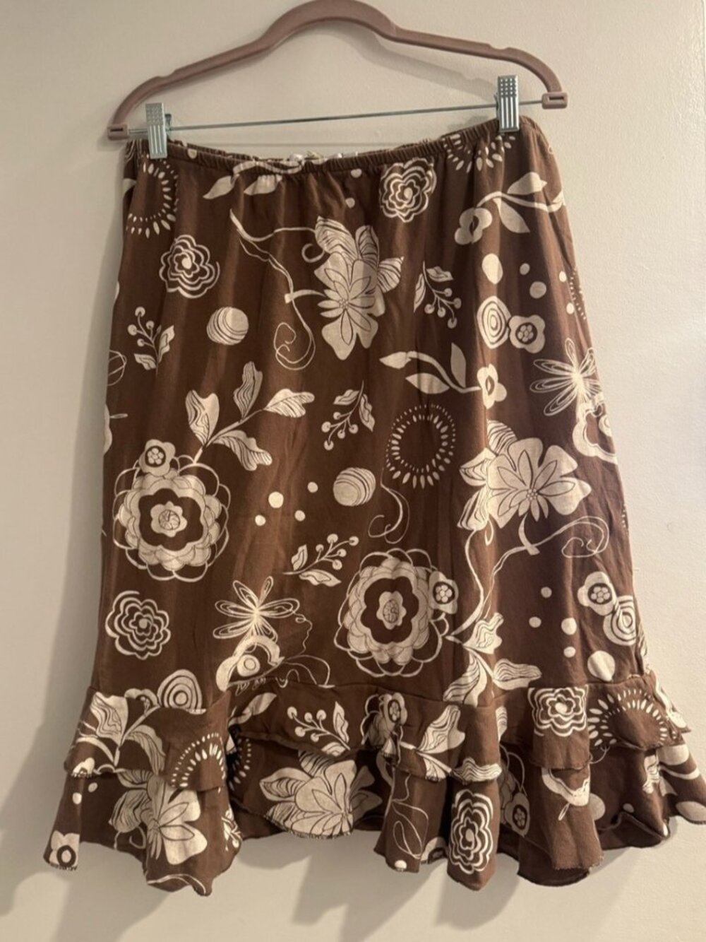 Brown Floral Ruffle Hem Skirt